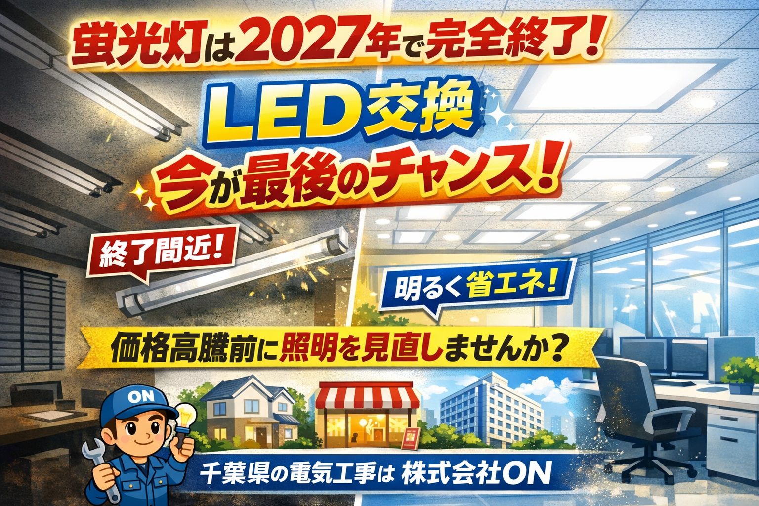 【蛍光灯は2027年で完全終了】LED交換は“今が最後のチャンス”｜価格高騰前にお家・店舗・会社の照明を見直しませんか？｜千葉県の電気工事は株式会社ON